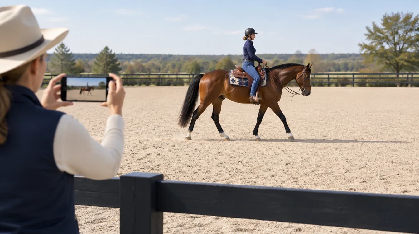 A helper films a horse and rider from outside the arena rail